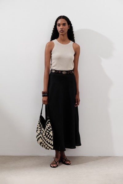 KETEN DİKİŞ DETAYLI ETEK SİYAH 