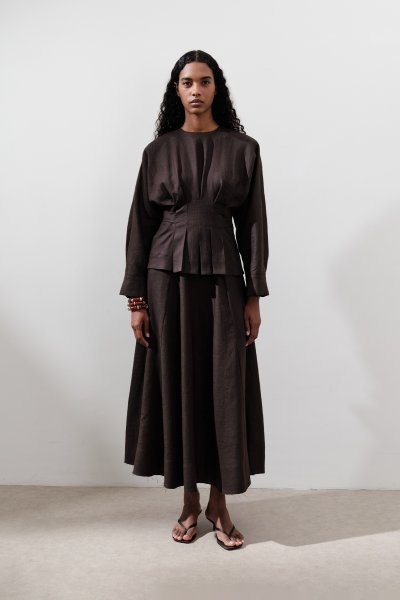 LINEN DOUBLE BREASTED TIE BLOUSE BITTER COFFEE 