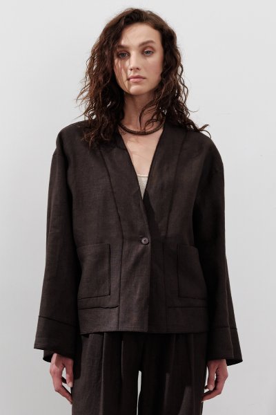 LINEN SINGLE BUTTONED BLOUSE BITTER COFFEE 