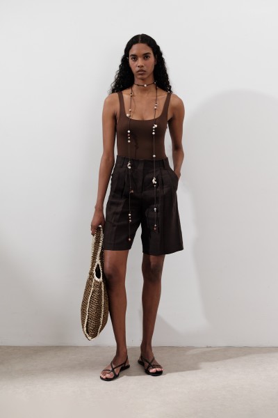 LINEN PLEATED BERMUDA SHORTS BITTER COFFEE 