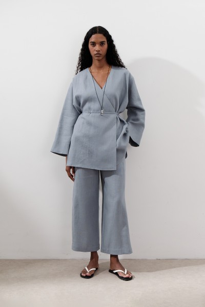 KETEN GENİŞ PAÇA PANTOLON MAVİ 