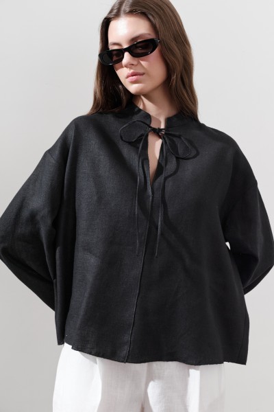 LINEN TIE BLOUSE BLACK 