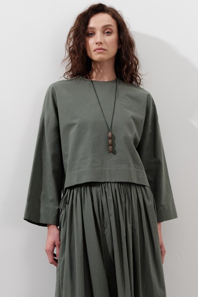 PAMUKLU CROP UZUN KOL BLUZ ÇAM YEŞİLİ 