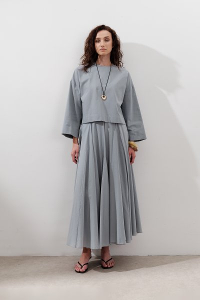 PAMUKLU CROP UZUN KOL BLUZ TOZLU MAVİ 