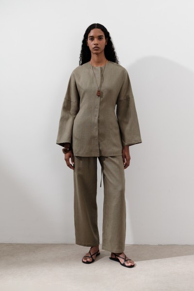 KETEN PİLELİ GENİŞ PANTOLON HAKİ 