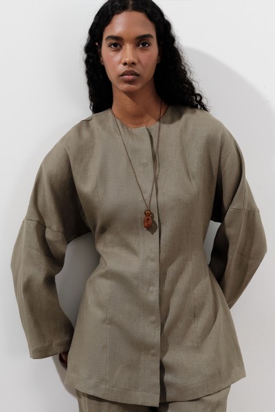 LINEN FITTED JACKET KHAKI 