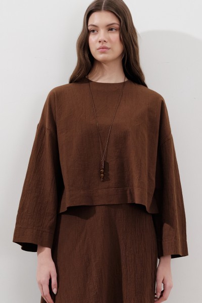 COTTON WIDE SLEEVE CROP BLOUSE BROWN 