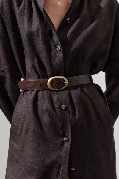 OVAL LEATHER BELT WITH ANTIQUE BUCKLE BROWN 