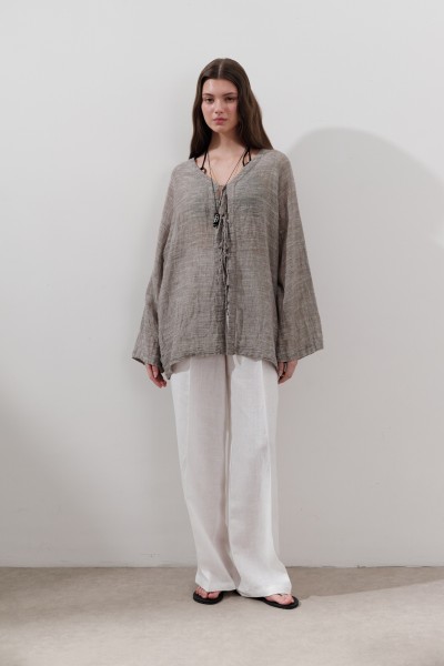 LINEN BLEND TIE BLOUSE BROWN 