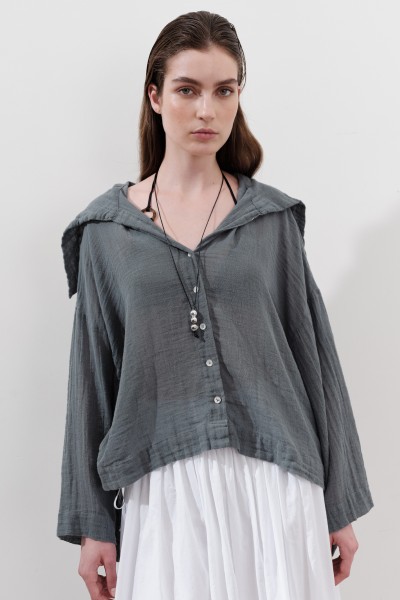 LINEN BLEND WIDE COLLAR SHIRT BLUE 