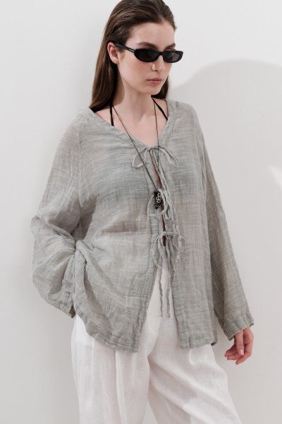 LINEN BLEND TIE BLOUSE NATURAL 