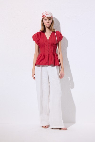 WAIST PLEAT DETAIL SLEEVELESS BLOUSE RED 