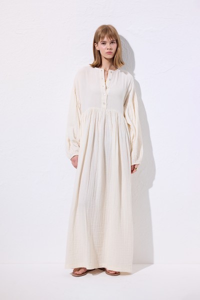 MUSLIN BUTTONED CASUAL DRESS BEIGE 