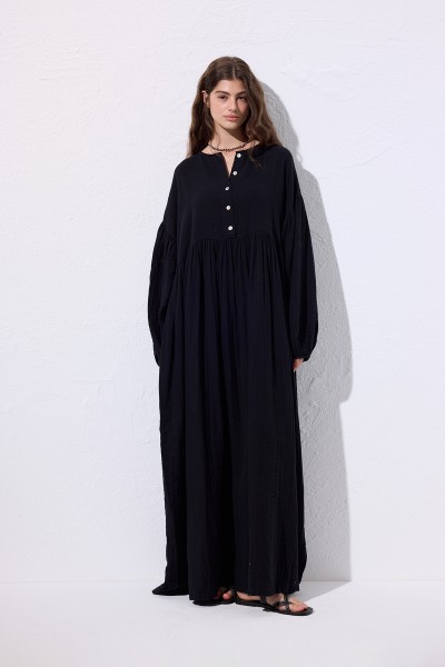 MUSLIN BUTTONED CASUAL DRESS BLACK 