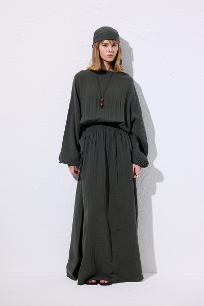 MÜSLİN BELİ BÜZGÜLÜ ELBİSE KOYU YEŞİL 