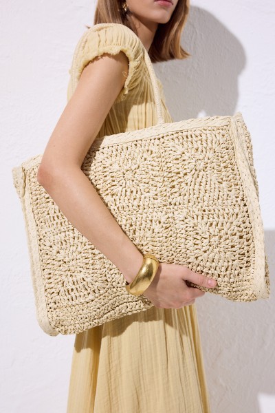 PATTERNED WICKER LARGE BAG BEIGE 