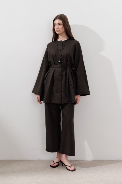 LINEN DARTED TUNIC DARK BROWN 