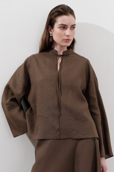 LINEN TIE BLOUSE DUSTY BROWN 