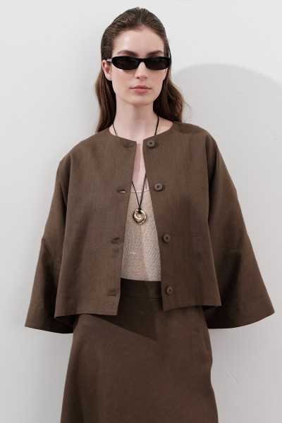 KETEN GENİŞ KOLLU KISA CEKET TOZLU KAHVE 