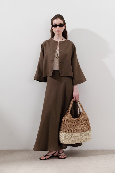 KETEN DİKİŞ DETAYLI ETEK TOZLU KAHVE 