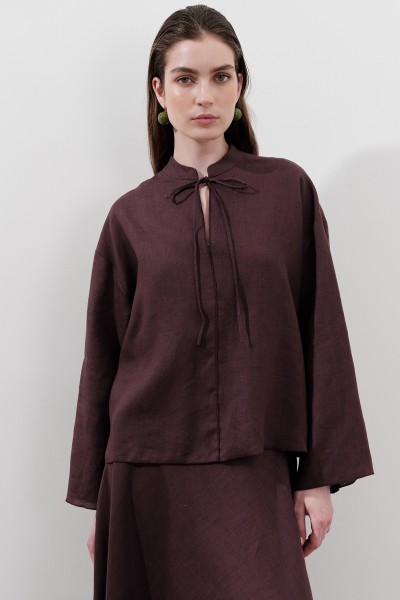 LINEN TIE BLOUSE DAMSON 