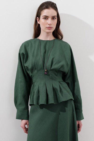 LINEN DOUBLE BREASTED TIE BLOUSE PETROL 