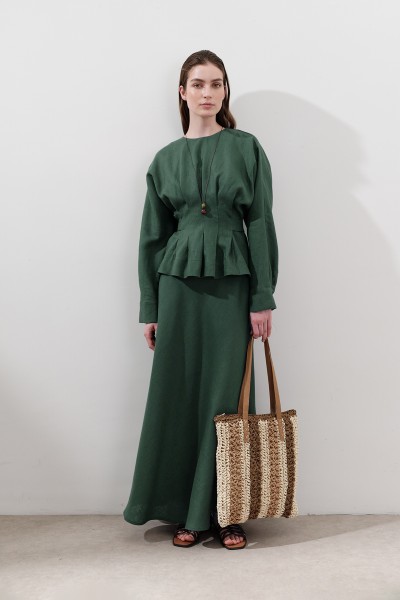 KETEN DİKİŞ DETAYLI ETEK PETROL 