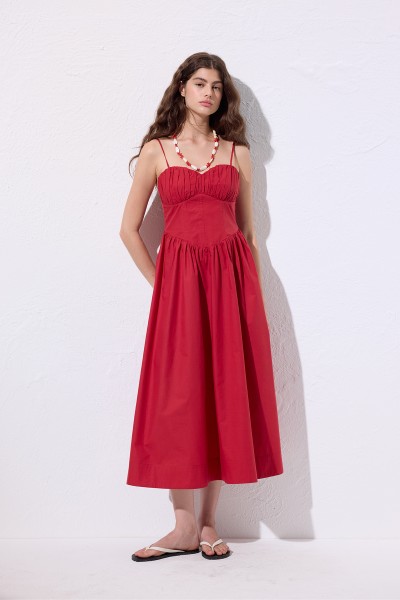 BÜZGÜLÜ KORSAJLI ELBİSE KIRMIZI 