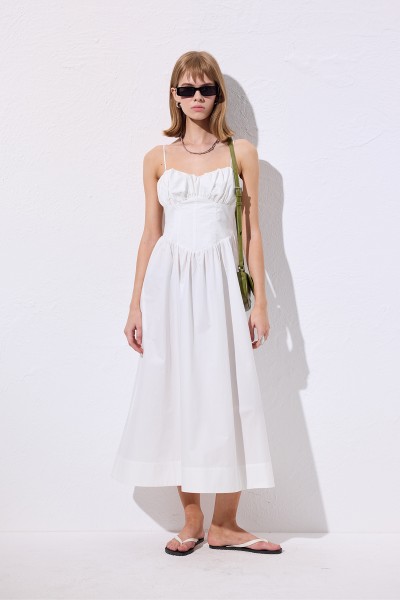 BÜZGÜLÜ KORSAJLI ELBİSE EKRU 