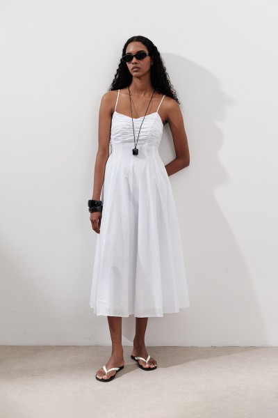 BÜZGÜ DETAYLI ASKILI ELBİSE EKRU 