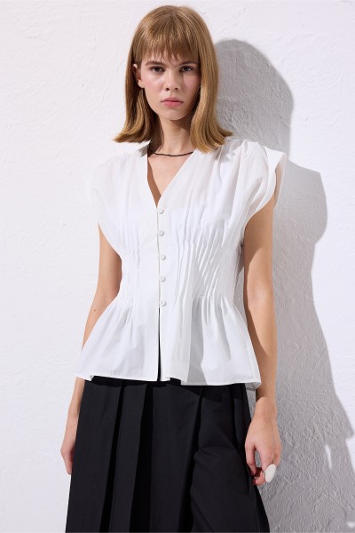 WAISTED PLEAT DETAIL SLEEVELESS BLOUSE ECRU 