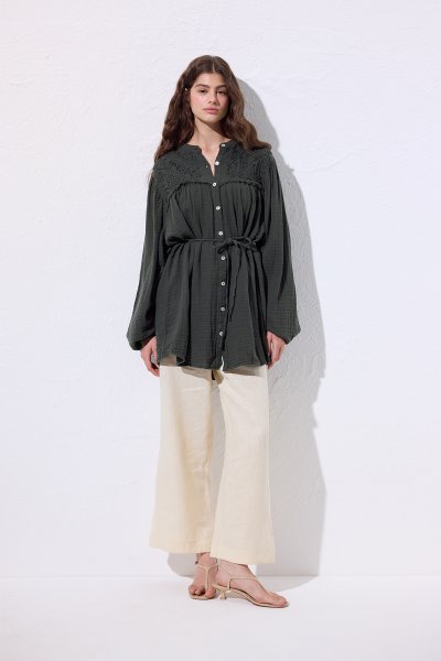 MUSLIN EMBROIDERED SHIRT DARK GREEN 