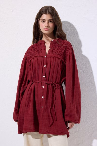 MUSLIN EMBROIDERED SHIRT RED 