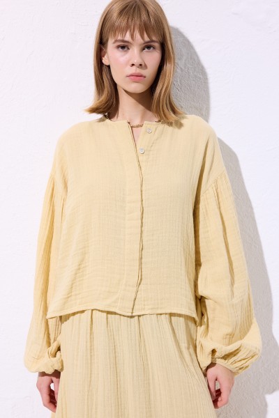 MUSLIN BALLOON SLEEVE SHORT BLOUSE YELLOW 