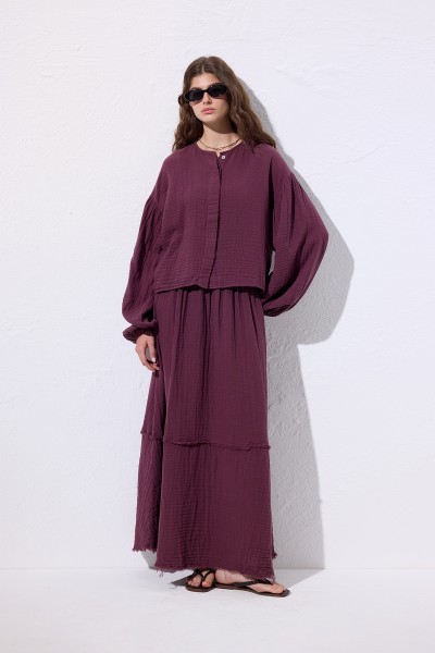 MUSLIN BALLOON SLEEVE SHORT BLOUSE PLUM 