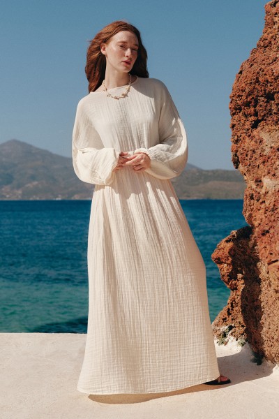 MUSLIN WAISTED DRESS ECRU 