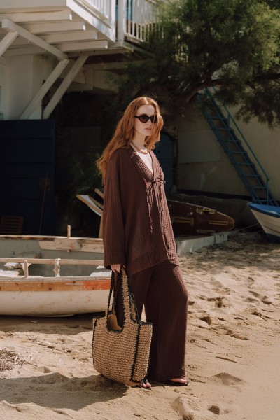 MÜSLİN GENİŞ KOLLU KİMONO ACI KAHVE 