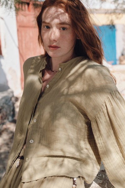 MUSLIN BALLOON SLEEVE SHORT BLOUSE SAGE 