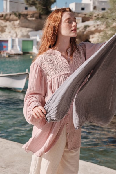 MUSLIN EMBROIDERED SHIRT POWDER 