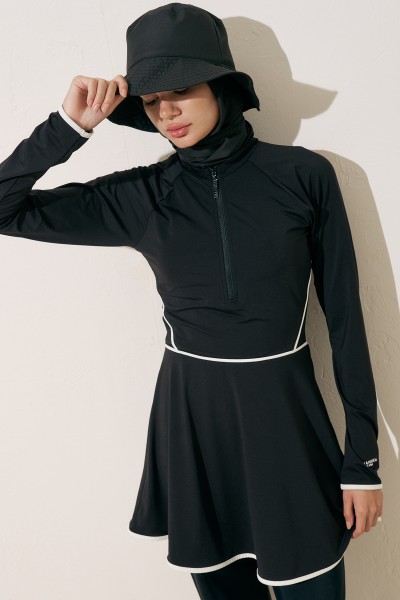 BİYE DETAYLI TESETTÜR MAYO  ELBİSE SİYAH 