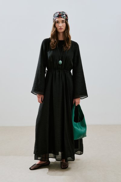 ADJUSTABLE WAIST LONG DRESS BLACK 