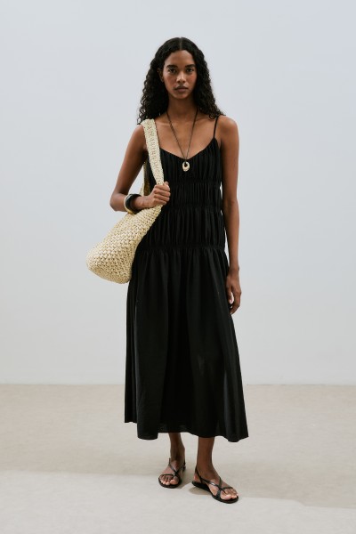 DOKULU BÜZGÜ DETAYLI ELBİSE SİYAH 