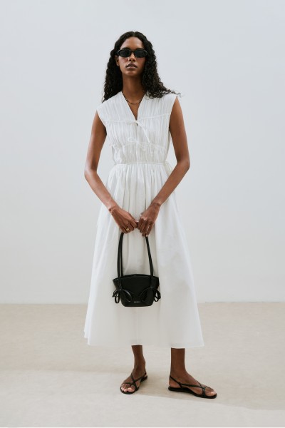 BÜZGÜLÜ BAĞLAMA DETAYLI ELBİSE EKRU 