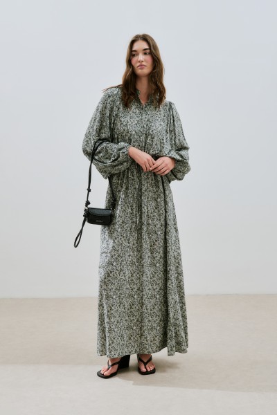 PRINTED VISCOSE TIE DRESS LILY ALMOND GREEN 