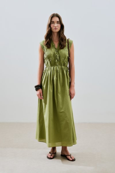 BÜZGÜLÜ BAĞLAMA DETAYLI ELBİSE YEŞİL 