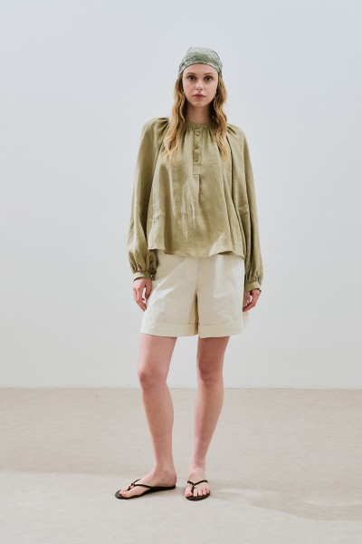 FINE LINEN PACKED COLLAR SHIRT KHAKI 