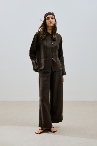 KETEN ÖNDEN DÜĞMELİ GÖMLEK ACI KAHVE 