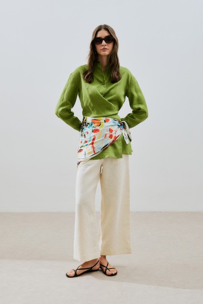 LINEN TIE-DETAIL SHIRT PISTACHIO GREEN 