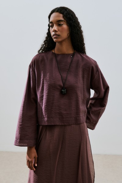 WIDE SLEEVE DRAPED BLOUSE BURGUNDY 