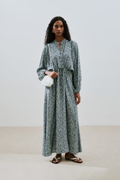 PRINTED VISCOSE TIE DRESS LILY INDIGO 